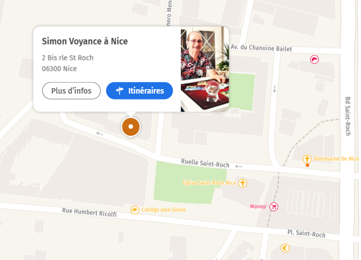 Carte interactive affichant Simon Voyance à Nice, itinéraires et informations, avec repères sur rues et église.